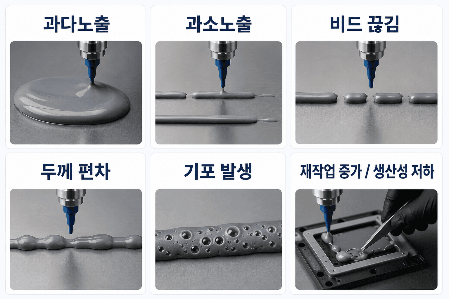 액상 토출 품질 저하가 제조 현장에 미치는 영향 인포그래픽